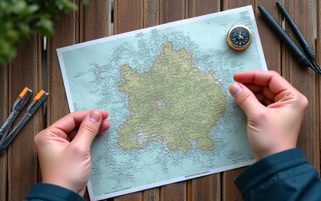 Hand hält eine Wanderkarte und zeigt eine markierte Route in den Bergen mit einem Kompass daneben