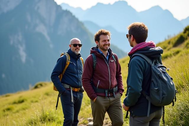 Freundlicher Bergführer im Gespräch mit Wanderern auf einem alpinen Pfad
